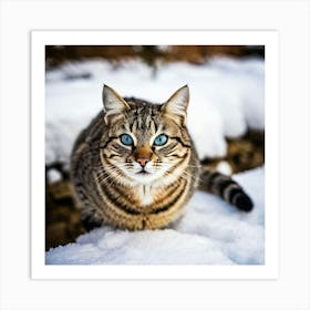 Blue Eye Cat In The Snow Art Print