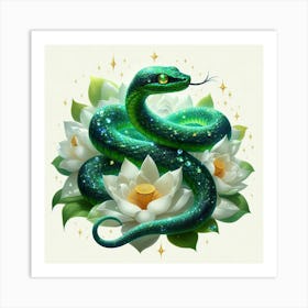Green Snake On Lotus Art Print