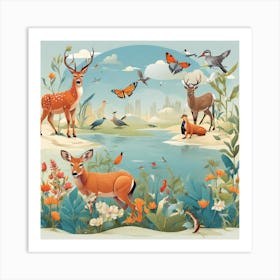 Wild Animals In The Forest Art Print