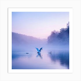 Swan Gliding Gracefully Wings Outstretched On A Mystical Lake Reflecting A Dusk Sky Pastel Gradi Art Print