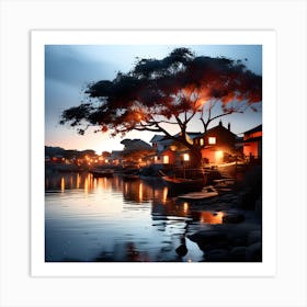 Fishing Village At Dusk Art Print