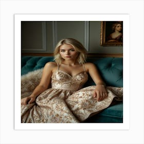 A Beautiful Blonde Girl Model On A Sofa 2 Art Print