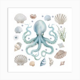 Blue Storybook Style Octopus Surrounded By Shells 2 Art Print