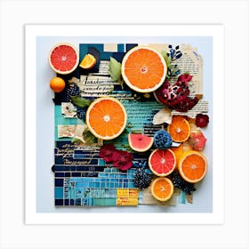 Oranges And Grapefruits, Produce An Eclectic Collage Combining Calligraphy Textured Paint Swatches And Cut Out Elements Art Print