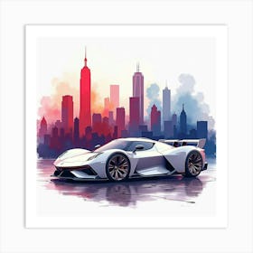 Sleek Vehicle Against A Vibrant City Skyline, Watercolor Painting 1 Art Print