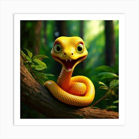 Firefly 3d, Animated, Surprised, Yellow, Baby Snake, Green Eyes, Knot, Tree Branch, Whimsical, Playf Art Print