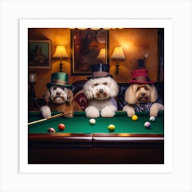 Three Dogs In Hats Playing Pool Art Print