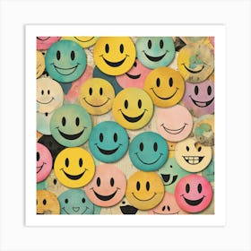 Smiley Faces, Whimsical Collage Featuring Hand Drawn Smiley Faces Spectrum Of Expressions Various Styles Art Print