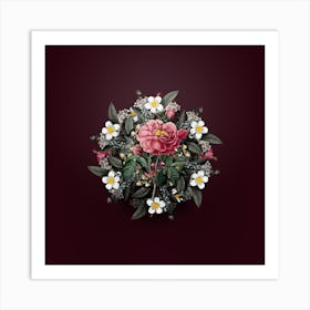 Vintage Gallic Rose Flower Wreath on Wine Red n.1326 Art Print