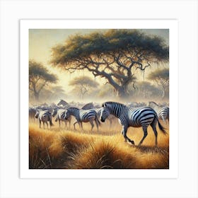 An Oil Painting Of A Herd Of Zebras In The Savanna.AI 1 Art Print