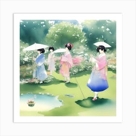 Asian Girls In Kimono Art Print