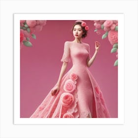 Pink Roses Wedding Dress Art Print