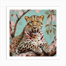 Stunning Leopard Looking At Camera Sitting In Tree Shades Of Blush Pink Pale Blue Art Print