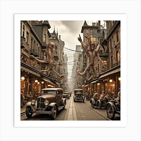 Steampunk Cars In Street Cubism Style Art Print