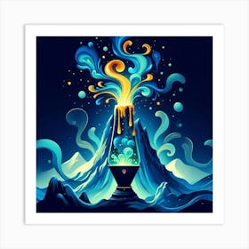 A Mountain Volcano Blue And Gold Green Lava Lamp With Flames And Smoke Swirling 2 Art Print