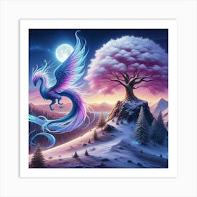 Lady dragon and the pink tree Art Print