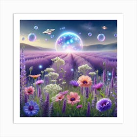 Lavender Field With Spaceships Art Print