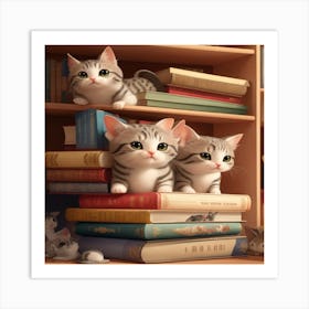 cats in bookcase Art Print