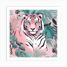 Pink Tiger Green Leaves 5 Art Print