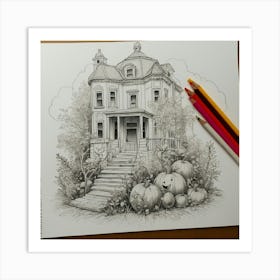 Halloween House Drawing Art Print