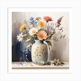 Watercolour wildflowers in muted tones in vintage vase Art Print