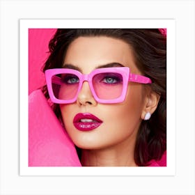 Close Up Of A Woman Wearing Pink Glasses And Sporting Pink Lips Against A Monochromatic Pink Backdro Art Print