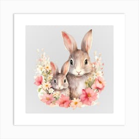 Watercolor Spring Mama And Baby Rabbits Art Print