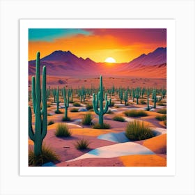 Desert Setting Sun Cubism Style Art Print