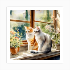 Two Cats On The Window Sill Art Print