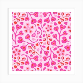WITH LOVE Floral Hearts Lovecore Valentines in Fuchsia Pink Red on Light Pink Art Print