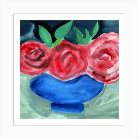 Roses In A Blue Vase - square floral flower blue red green gray Art Print