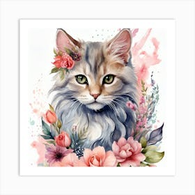 Cat With Flowers Art Print