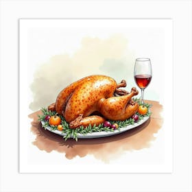 Watercolor Sketch Of A Tender And Juicy Roasted Turkey On A Stylish Dining Table Art Print