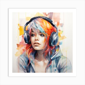 Girl With Colourful Hair And Headphones Geometric Watercolour Art Print