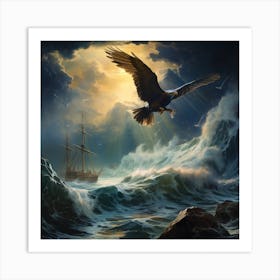 Eagle Flying Over Stormy Sea Art Print