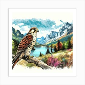 Falcon on Branch by Mountain Lake Color Drawing - Wild Bird Artwork 140 Art Print