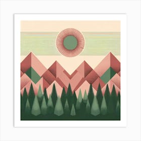 "Geometric Dawn"   In this serene composition, stylized mountains and a forest of evergreens are bathed in the soft light of a geometric sun. The artwork's pastel palette and clean lines lend a modern tranquility to the scene, evoking a sense of calm and order in the natural world. Perfect for contemporary decor, it brings a touch of minimalist nature to any space. Art Print