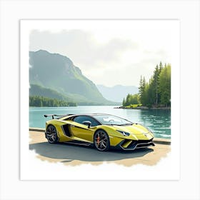 Lamborghini Centenario In A Watercolor Tranquil Lakeside View 1 Art Print