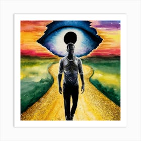 Eye Of The World Watercolor depicting a surreal portrait of a man walking along a path leading to an eye-shaped hole in the horizon, against a bright sunset sky, monochrome, shimmering gold accenting the path., illustration, photo, 3d render, painting, portrait photography Art Print