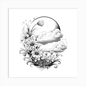 Moon And Flowers,A black and white drawing of flowers and clouds Art Print