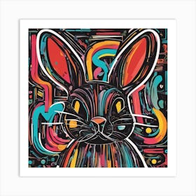 An Image Of A Bunny With Letters On A Black Background, In The Style Of Bold Lines, Vivid Colors, Gr Art Print
