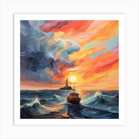 Sunset With Lighthouse Art Print