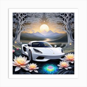 White Sports Car In The Forest Art Print