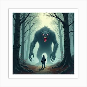 Horror Beast In A Watercolor Misty Forest 1 Art Print