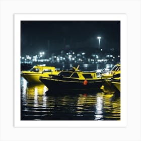 Yellow Fishing Boats At Night Art Print