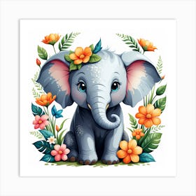 Cute Elephant With Flowers Art Print