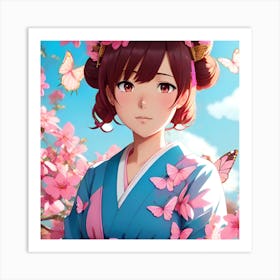 Anime Girl In Cherry Blossoms Art Print