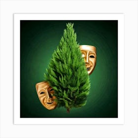 Firefly Masks, Floating, 3d, Tragedy, Comedy, Pine, Leaves, Nature, Theater, Art, Symbolism, Contras (8) Art Print