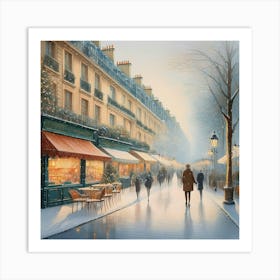 Paris cafes, winter season, Christmas, pale colors, pedestrians in the street, winter clothes, falling snow.15 Art Print