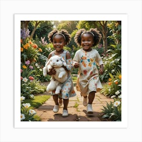 Two Little African Girls Happy In A Garden Holding A White Rabbit Art Print